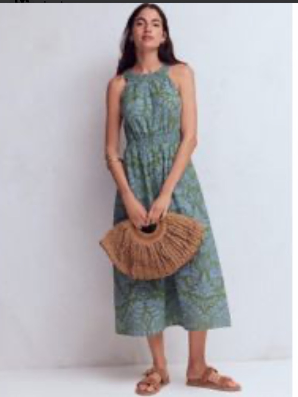 Boden 10R Daphne double cloth dress in green ornamental foliage.
